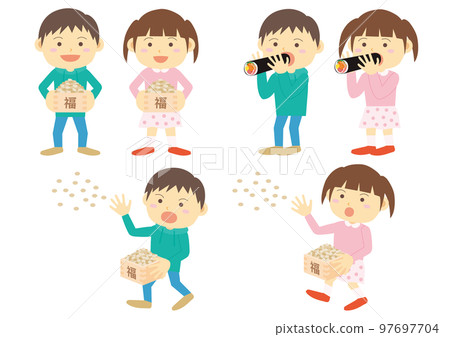 一個孩子把豆子扔到 Setsubun 和一個孩子吃 Ehomaki 的插圖 一個孩子把豆子扔到 Setsubun 和一個孩子吃 Ehomaki 的插圖 97697704