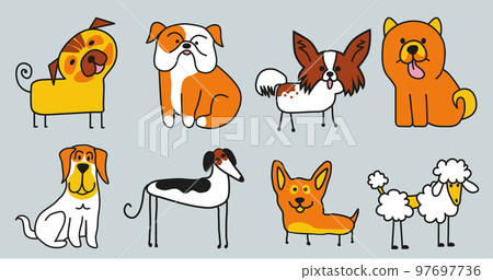 Pattern of many different dog breed. poodle, malamute, fox terrier, mastiff, shar pei, chihuahua, spitz 97697736