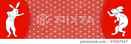 帶有鳥漫畫兔子（大麻葉）的紅色日本圖案橫幅背景 97697947