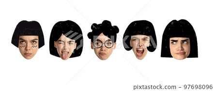Collage of female haircuts drawn in cartoon style on different young emotional girls. Model with creative haircuts, ponytail and bun. Collage of female haircuts drawn in cartoon style on different young emotional girls. Model with creative haircuts, ponytail and bun. 97698096