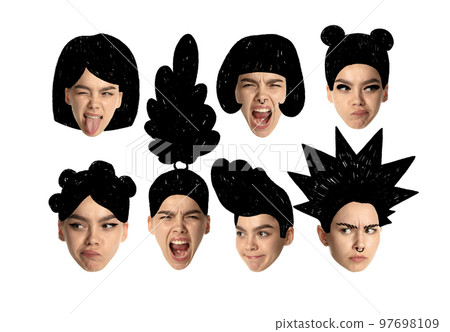 Funny set of diverse haircuts drawn in cartoon style on different young girls . Model with creative haircuts, ponytail and bun. Funny set of diverse haircuts drawn in cartoon style on different young girls . Model with creative haircuts, ponytail and bun. 97698109