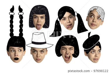 Funny set of diverse haircuts drawn in cartoon style on different young girls . Model with creative haircuts, ponytail and bun. 97698122