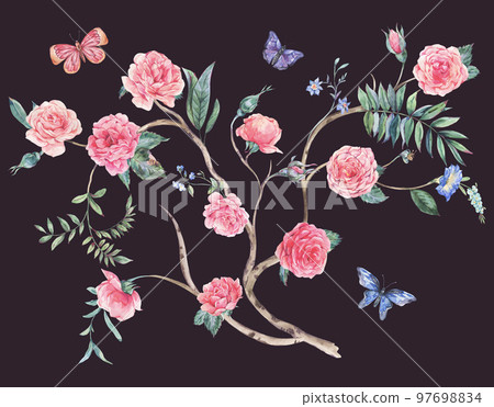 Watercolor garden rose bouquet, blooming tree, Chinoiserie illustration isolated on black 97698834