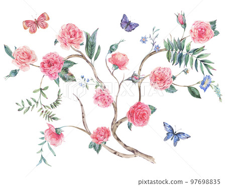 Watercolor garden rose bouquet, blooming tree, Chinoiserie illustration isolated on white 97698835