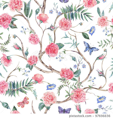 Watercolor garden rose bouquet, blooming tree seamless pattern, Chinoiserie floral texture on white 97698836