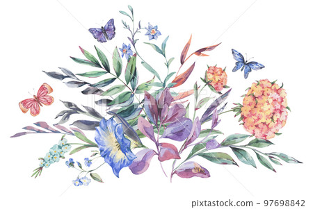 Watercolor botanical wildflowers bouquet, natural geeting card isolated on white 97698842