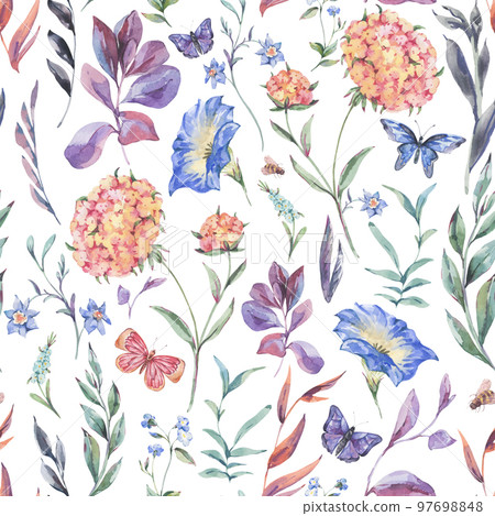 Watercolor botanical wildflowers seamless pattern, natural texture on white 97698848
