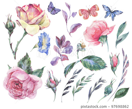 Watercolor set of  vintage garden rose bouquet greeting card, botanical floral illustration 97698862