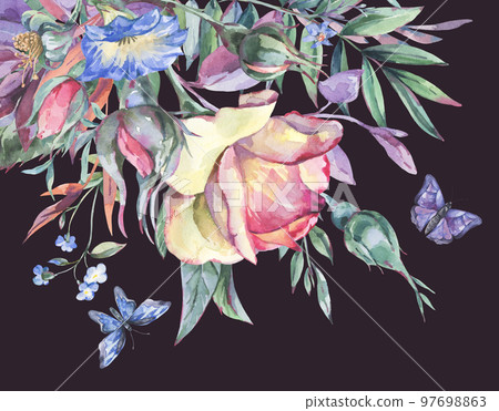 Watercolor vintage garden rose bouquet greeting card, botanical floral illustration isolated on black 97698863