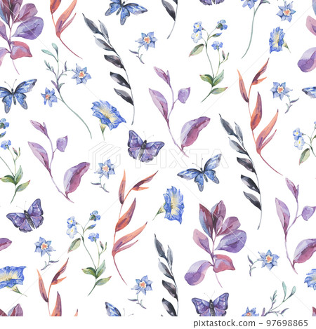 Watercolor botanical wildflowers seamless pattern, natural floral texture 97698865