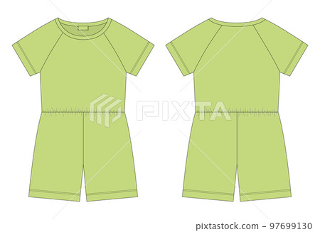 Cotton oversized raglan jumpsuit technical sketch. Light green color. Women's romper design template. 97699130