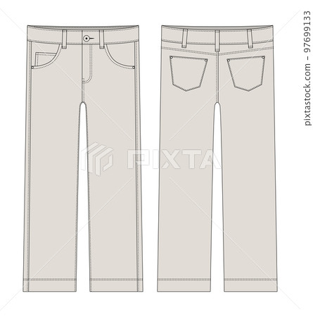 Children's classical jeans technical sketch. Light gray color. Denim casual clothes. 97699133
