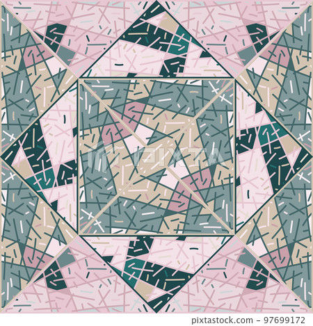 Hand drawn tribal geometric tile. Vintage ethnic line ornament. Random lines mosaic seamless pattern. Hand drawn tribal geometric tile. Vintage ethnic line ornament. Random lines mosaic seamless pattern. 97699172