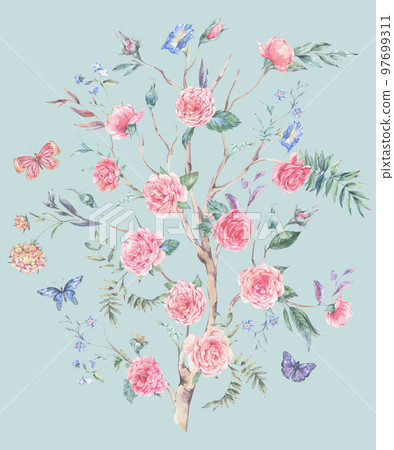 Watercolor garden rose bouquet, blooming tree, Chinoiserie illustration Watercolor garden rose bouquet, blooming tree, Chinoiserie illustration 97699311