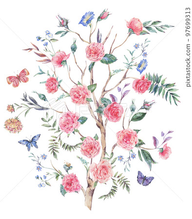 Watercolor garden rose bouquet, blooming tree, Chinoiserie illustration 97699313