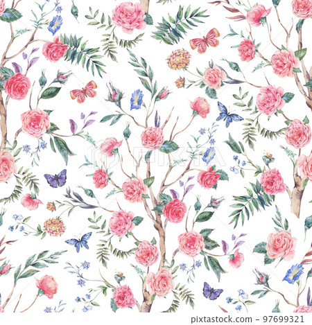 Watercolor garden rose bouquet, blooming tree seamless pattern, Chinoiserie floral texture Watercolor garden rose bouquet, blooming tree seamless pattern, Chinoiserie floral texture 97699321