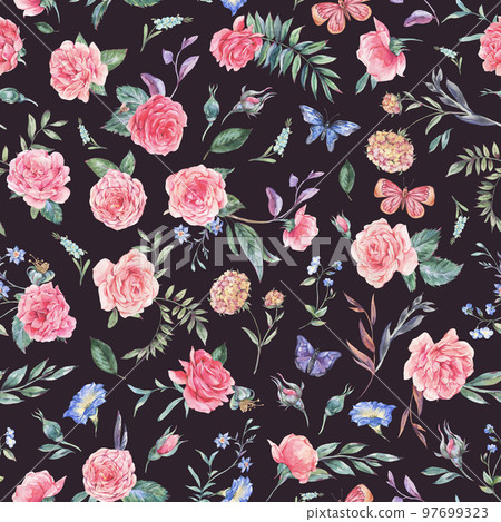 Watercolor vintage garden rose bouquet seamless pattern, botanical floral texture Watercolor vintage garden rose bouquet seamless pattern, botanical floral texture 97699323