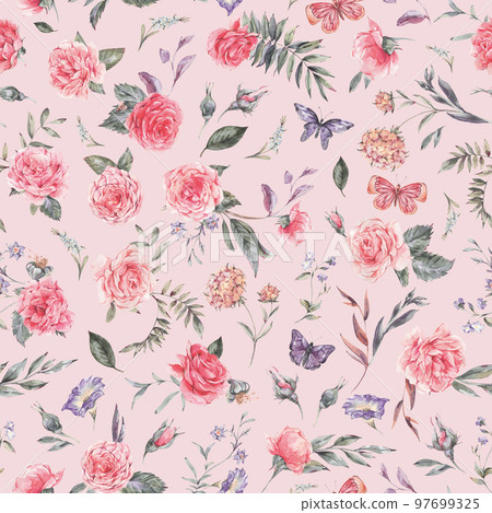 Watercolor vintage garden rose bouquet seamless pattern, botanical floral texture 97699325