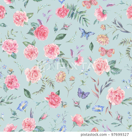 Watercolor vintage garden rose bouquet seamless pattern, botanical floral texture Watercolor vintage garden rose bouquet seamless pattern, botanical floral texture 97699327
