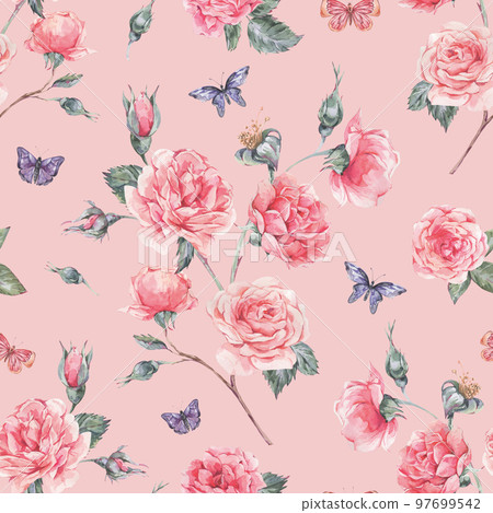 Watercolor vintage garden rose bouquet seamless pattern, botanical floral texture Watercolor vintage garden rose bouquet seamless pattern, botanical floral texture 97699542