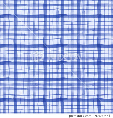 Watercolor blue checkered seamless pattern. Hand drawn stripe texture. 97699561