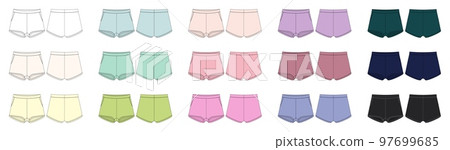 Set of blank shorts pants technical sketch design template. Diffirent colors. Casual shorts with pockets collection. Set of blank shorts pants technical sketch design template. Diffirent colors. Casual shorts with pockets collection. 97699685