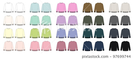 Set of blank childrens sweatshirt technical sketch. Diffirent colors. Kids wear jumper design template collection. 97699744