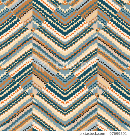 Hand drawn sketch lines endless wallpaper in doodle style. Decorative wave ethnic background. Abstract zig zag striped seamless pattern. 97699891