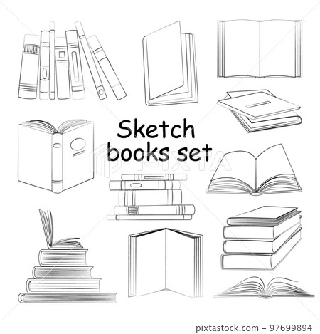 Books linear sketch symbols set. Stack, opened and closed books isolated icons set on white background. Vector library and bookstore elements in a flat style 97699894