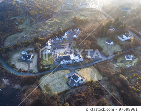 Aerial view of the lake house at Clooney Lake in Narin by Portnoo, County Donegal - Ireland Aerial view of the lake house at Clooney Lake in Narin by Portnoo, County Donegal - Ireland 97699961