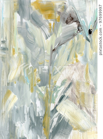Gouache texture with yellow, gray, pink and blue points. Hand painted beautiful illustration with stains. For design, print, fabric or background. 97699997