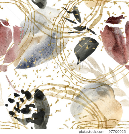 Watercolor floral seamless pattern of flowers and abstract vinous spots. Hand painted minimalistic illustration isolated on white background. For design, print, fabric or background. 97700023