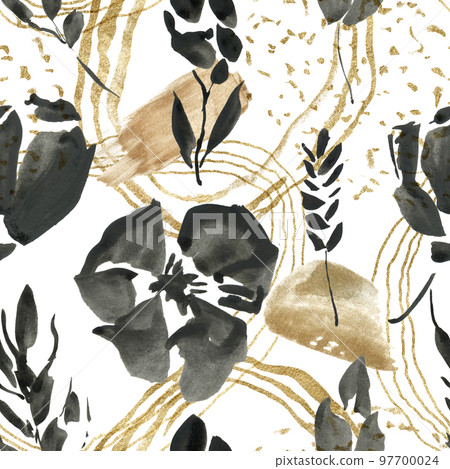 Watercolor floral seamless pattern of abstract black flowers and beige spots. Hand painted minimalistic illustration isolated on white background. For design, print, fabric or background. Watercolor floral seamless pattern of abstract black flowers and beige spots. Hand painted minimalistic illustration isolated on white background. For design, print, fabric or background. 97700024