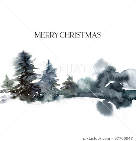 Watercolor Christmas minimalistic card of forest and snow. Hand painted abstract fir trees illustrations isolated on white background. Holiday illustration for design, print, fabric or background. Watercolor Christmas minimalistic card of forest and snow. Hand painted abstract fir trees illustrations isolated on white background. Holiday illustration for design, print, fabric or background. 97700047