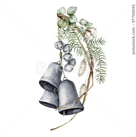 Watercolor Christmas composition with bells, dried branches, eucalyptus, lagurus and cotton. Hand painted holiday card isolated on white background. Illustration for design, print or background. Watercolor Christmas composition with bells, dried branches, eucalyptus, lagurus and cotton. Hand painted holiday card isolated on white background. Illustration for design, print or background. 97700048