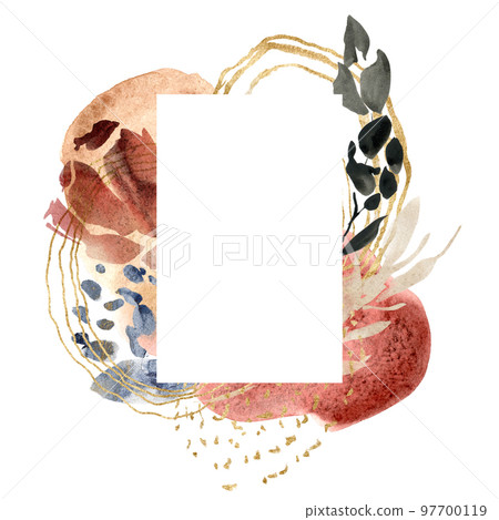 Watercolor floral frame of abstract flowers and gold spots. Hand painted minimalistic illustration isolated on white background. For design, print, fabric or background. Watercolor floral frame of abstract flowers and gold spots. Hand painted minimalistic illustration isolated on white background. For design, print, fabric or background. 97700119