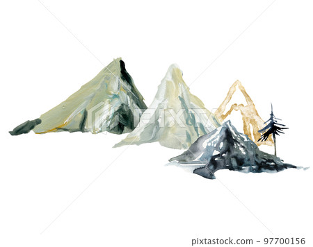 Watercolor and gouache minimalistic landscape of tree and mountains. Hand painted abstract and gold mountains. Illustrations isolated on white background. For design, print, fabric or background. 97700156