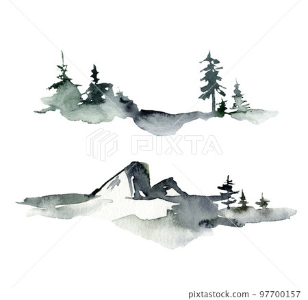 Watercolor winter minimalistic landscape of snow, trees and mountains. Hand painted abstract fir trees illustrations isolated on white background. For design, print, fabric or background. Watercolor winter minimalistic landscape of snow, trees and mountains. Hand painted abstract fir trees illustrations isolated on white background. For design, print, fabric or background. 97700157