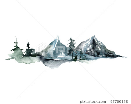 Watercolor landscape of forest and mountains. Hand painted abstract winter fir and pine trees. Minimalistic illustrations isolated on white background. For design, print, fabric or background. Watercolor landscape of forest and mountains. Hand painted abstract winter fir and pine trees. Minimalistic illustrations isolated on white background. For design, print, fabric or background. 97700158