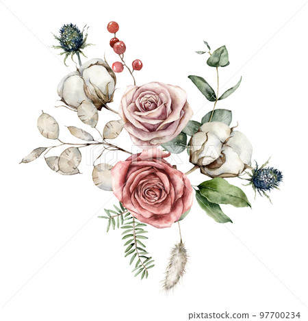 Watercolor Christmas bouquet of flowers with pink roses, cotton, blue Thistle and lunaria. Hand painted holiday card isolated on white background. Illustration for design, print or background. Watercolor Christmas bouquet of flowers with pink roses, cotton, blue Thistle and lunaria. Hand painted holiday card isolated on white background. Illustration for design, print or background. 97700234