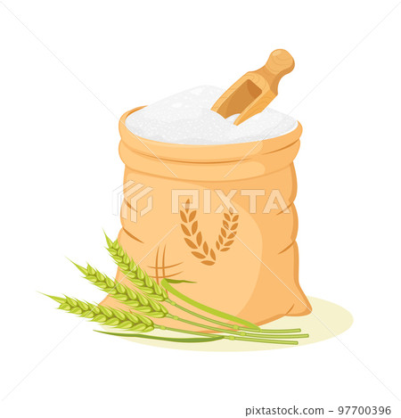 Bag of flour open and scoop. Wheat product. Flour packaging design vector illustration isolated on white 97700396