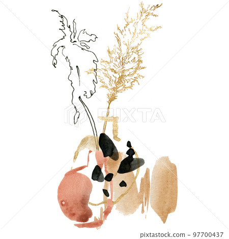 Watercolor abstract composition of gold and black pampas grass with abstract vase. Hand painted linear card of plant isolated on white background. Floral illustration for design, print or background. 97700437