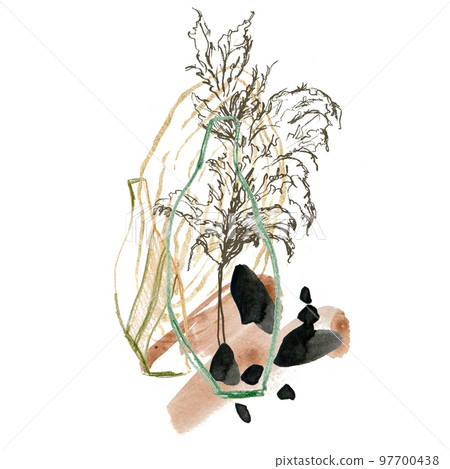 Watercolor abstract composition of pencil vases and linear pampas grass. Hand painted linear card of plant isolated on white background. Floral illustration for design, print, fabric or background. 97700438