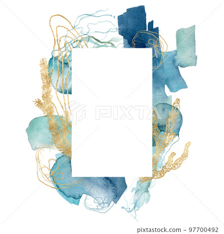 Watercolor abstract frame of shell, jellyfish, linear laminaria and gold corals. Underwater animals and plant isolated on white background. Aquatic illustration for design, print or background. 97700492