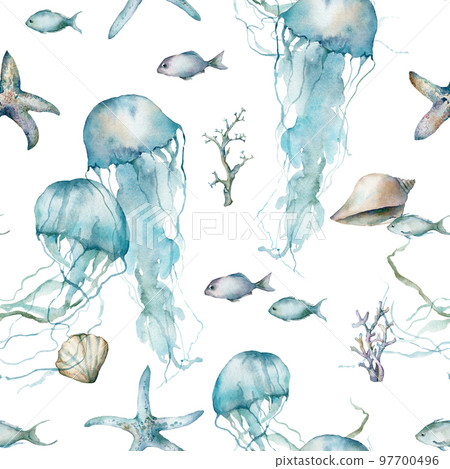 Watercolor tropical seamless pattern of jellyfish, fish, starfish, laminaria and coral. Underwater animals and plant isolated on white background. Aquatic illustration for design, print or background. Watercolor tropical seamless pattern of jellyfish, fish, starfish, laminaria and coral. Underwater animals and plant isolated on white background. Aquatic illustration for design, print or background. 97700496
