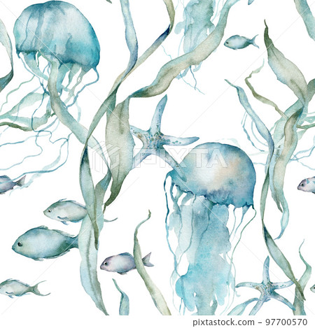 Watercolor tropical seamless pattern of jellyfish, fish, starfish and laminaria. Underwater animals and plant isolated on white background. Aquatic illustration for design, print or background. Watercolor tropical seamless pattern of jellyfish, fish, starfish and laminaria. Underwater animals and plant isolated on white background. Aquatic illustration for design, print or background. 97700570
