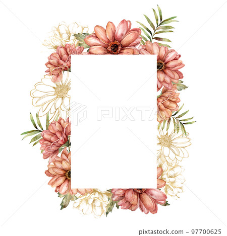 Watercolor autumn frame of linear aster and gold leaves. Hand painted autumn flowers isolated on white background. Floral illustration for design, print, fabric or background. Watercolor autumn frame of linear aster and gold leaves. Hand painted autumn flowers isolated on white background. Floral illustration for design, print, fabric or background. 97700625