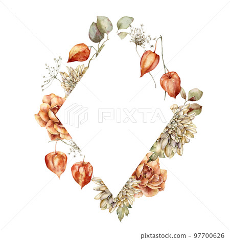Watercolor autumn frame of dahlia, rose, physalis and leaves. Hand painted meadow flowers isolated on white background. Floral wild illustration for design, print, fabric or background. Watercolor autumn frame of dahlia, rose, physalis and leaves. Hand painted meadow flowers isolated on white background. Floral wild illustration for design, print, fabric or background. 97700626