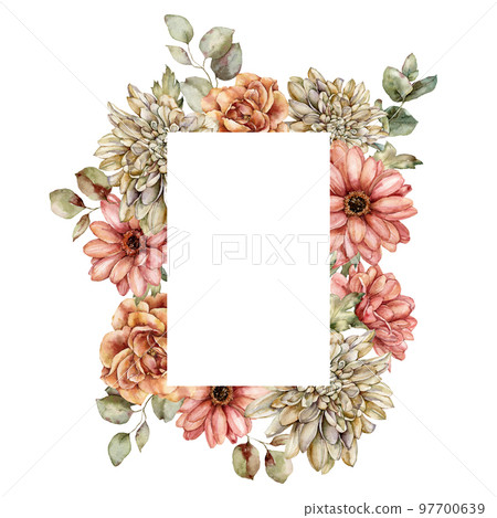Watercolor autumn frame of aster, dahlia, rose and leaves. Hand painted border of meadow flowers isolated on white background. Floral wild illustration for design, print, fabric or background. 97700639