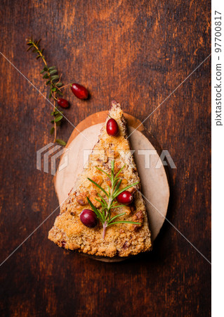 grated cranberry pie on wooden plates grated cranberry pie on wooden plates 97700817